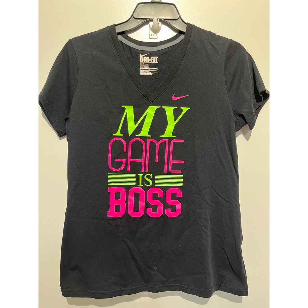Nike Dri-FIT Womens XL Slim Fit V-Neck T-Shirt Black My Game Is‎ Boss Neon